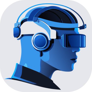 Sanal gerçeklikte oyuncu. VR kulaklık ve soyut Vektör illüstrasyonu takan bir kişi, doğrusal minimalist modern monokromatik multimedya 'ya ilham vererek, karmaşık tanıların doğal portresini sessize aldı..