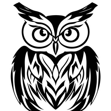 Baykuş, logo, ikon, tişört, baykuş başlı vektör logosu illüstrasyonu, baş logo- vektör illüstrasyonu. Siyah arkaplanda amblem tasarımı