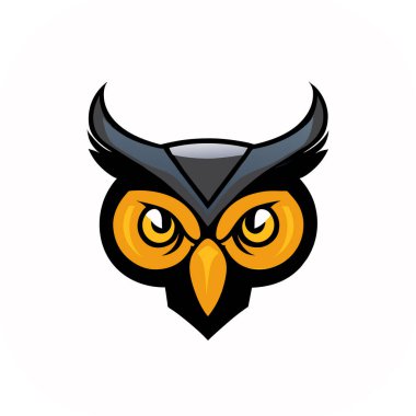 Baykuş, logo, ikon, tişört, baykuş başlı vektör logosu illüstrasyonu, baş logo- vektör illüstrasyonu. Siyah arkaplanda amblem tasarımı