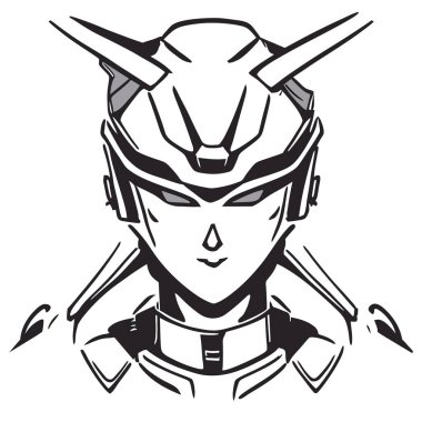 Mocha maskot logosu tasarımı, baş, vektör, tişört veya rozet için robot çizimi. Modern stile sahip vektör, özel robot baş tişörtü çizimi. Meka baş logosu Mecha Kafa İllüstrasyonu