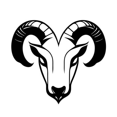 Koç başı (ram başı), vektör siyah ve beyaz çizim temiz ve basit, logo, simge, poster tişörtü, koyun logosu basit temiz ve zarif.