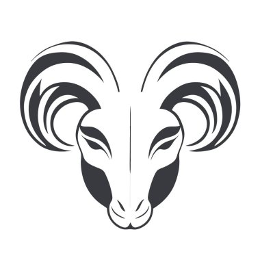 Koç başı (ram başı), vektör siyah ve beyaz çizim temiz ve basit, logo, simge, poster tişörtü, koyun logosu basit temiz ve zarif.