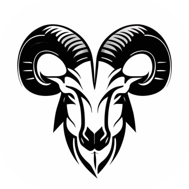Koç başı (ram başı), vektör siyah ve beyaz çizim temiz ve basit, logo, simge, poster tişörtü, koyun logosu basit temiz ve zarif.