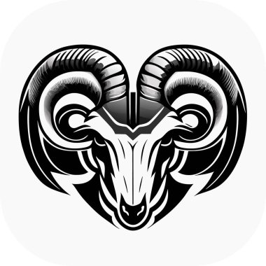 Koç başı (ram başı), vektör siyah ve beyaz çizim temiz ve basit, logo, simge, poster tişörtü, koyun logosu basit temiz ve zarif.