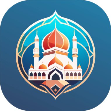 Arka planda bir cami çizimi, İslami logo tasarım vektörü, cami pin vektörü, Müslüman logosu, simge 
