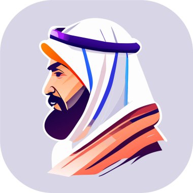 İkon Arap şeyhi, Şeyh siluet doğrusal ikon, Tapılası Şeyh, Oturan Şeyh çizgi filminin tuhaf zevki, beyaz arka planda şeyh ikonu. Çöl kavramından basit bir örnek..