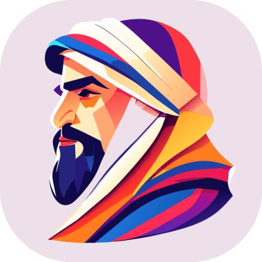 İkon Arap şeyhi, Şeyh siluet doğrusal ikon, Tapılası Şeyh, Oturan Şeyh çizgi filminin tuhaf zevki, beyaz arka planda şeyh ikonu. Çöl kavramından basit bir örnek..