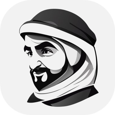 İkon Arap şeyhi, Şeyh siluet doğrusal ikon, Tapılası Şeyh, Oturan Şeyh çizgi filminin tuhaf zevki, beyaz arka planda şeyh ikonu. Çöl kavramından basit bir örnek..