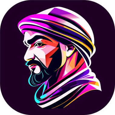 İkon Arap şeyhi, Şeyh siluet doğrusal ikon, Tapılası Şeyh, Oturan Şeyh çizgi filminin tuhaf zevki, beyaz arka planda şeyh ikonu. Çöl kavramından basit bir örnek..