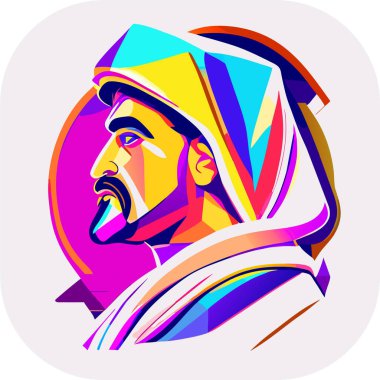 İkon Arap şeyhi, Şeyh siluet doğrusal ikon, Tapılası Şeyh, Oturan Şeyh çizgi filminin tuhaf zevki, beyaz arka planda şeyh ikonu. Çöl kavramından basit bir örnek..