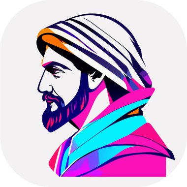 İkon Arap şeyhi, Şeyh siluet doğrusal ikon, Tapılası Şeyh, Oturan Şeyh çizgi filminin tuhaf zevki, beyaz arka planda şeyh ikonu. Çöl kavramından basit bir örnek..