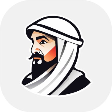 İkon Arap şeyhi, Şeyh siluet doğrusal ikon, Tapılası Şeyh, Oturan Şeyh çizgi filminin tuhaf zevki, beyaz arka planda şeyh ikonu. Çöl kavramından basit bir örnek..