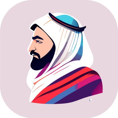 İkon Arap şeyhi, Şeyh siluet doğrusal ikon, Tapılası Şeyh, Oturan Şeyh çizgi filminin tuhaf zevki, beyaz arka planda şeyh ikonu. Çöl kavramından basit bir örnek..