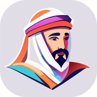 İkon Arap şeyhi, Şeyh siluet doğrusal ikon, Tapılası Şeyh, Oturan Şeyh çizgi filminin tuhaf zevki, beyaz arka planda şeyh ikonu. Çöl kavramından basit bir örnek..