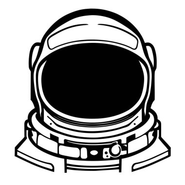 Astronot simgesi ve logo, şablon için siyah ve beyaz stili izole edilmiş. Tişört posteri, Vektör astronot silueti. Parlayan tüpler şeklinde bir neon ışığı. Siyah arkaplanda beyaz çizim. 