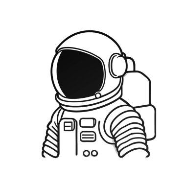 Astronot simgesi ve logo, şablon için siyah ve beyaz stili izole edilmiş. Tişört posteri, Vektör astronot silueti. Parlayan tüpler şeklinde bir neon ışığı. Siyah arkaplanda beyaz çizim. 