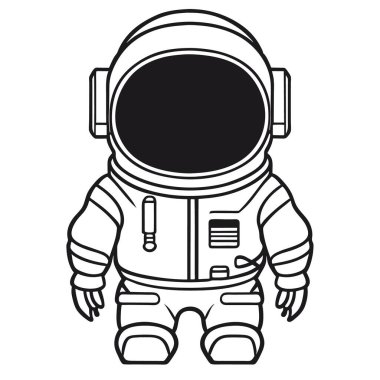 Astronot simgesi ve logo, şablon için siyah ve beyaz stili izole edilmiş. Tişört posteri, Vektör astronot silueti. Parlayan tüpler şeklinde bir neon ışığı. Siyah arkaplanda beyaz çizim. 