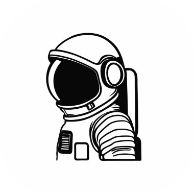 Astronot simgesi ve logo, şablon için siyah ve beyaz stili izole edilmiş. Tişört posteri, Vektör astronot silueti. Parlayan tüpler şeklinde bir neon ışığı. Siyah arkaplanda beyaz çizim. 