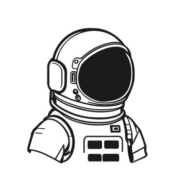 Astronot simgesi ve logo, şablon için siyah ve beyaz stili izole edilmiş. Tişört posteri, Vektör astronot silueti. Parlayan tüpler şeklinde bir neon ışığı. Siyah arkaplanda beyaz çizim. 