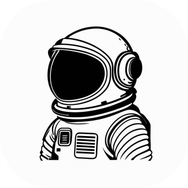 Astronot simgesi ve logo, şablon için siyah ve beyaz stili izole edilmiş. Tişört posteri, Vektör astronot silueti. Parlayan tüpler şeklinde bir neon ışığı. Siyah arkaplanda beyaz çizim. 