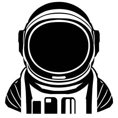 Astronot simgesi ve logo, şablon için siyah ve beyaz stili izole edilmiş. Tişört posteri, Vektör astronot silueti. Parlayan tüpler şeklinde bir neon ışığı. Siyah arkaplanda beyaz çizim. 