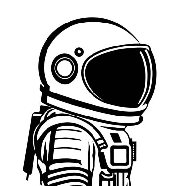 Astronot simgesi ve logo, şablon için siyah ve beyaz stili izole edilmiş. Tişört posteri, Vektör astronot silueti. Parlayan tüpler şeklinde bir neon ışığı. Siyah arkaplanda beyaz çizim. 