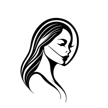 Kadınlar uzun saç stili ikonu, logo kadınları beyaz arka planda, basit siyah logo. Doğrusal çizgiler. Güzel, açık kadın gözleri. Güneş gözlüğü yok. beyaz arkaplan.