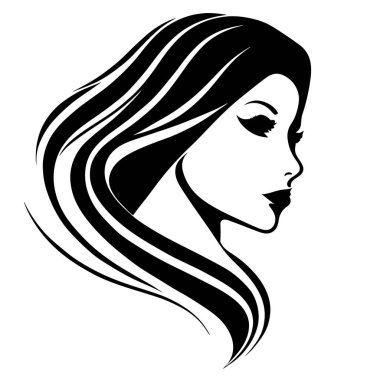 Kadınlar uzun saç stili ikonu, logo kadınları beyaz arka planda, basit siyah logo. Doğrusal çizgiler. Güzel, açık kadın gözleri. Güneş gözlüğü yok. beyaz arkaplan.