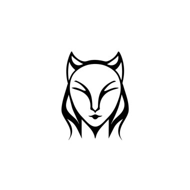 Aslan başı logosu, Aslan yüzlü vektör illüstrasyonu, izole bir arka planda, basit, minimal siyah logo. Doğrusal çizgiler. Yarı aslan yarı kadın. beyaz arkaplan