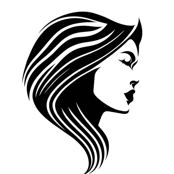 women long hair style icon, logo women face on white background, simple minimal black logo. linear lines. beautiful open woman eyes. no shades. white background.