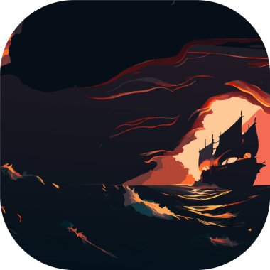 Gölgeleri kucaklamak: Kayıp Selflerimizi Geri Almak İçin Dönüşümlü Bir Gece Denizi Yolculuğu, Gölgeleri Yeniden Birleştirmek: Eski yelkenli gemi, gece fırtınalı bir denizin dalgalarına göğüs germek, simge, simge, poster, 