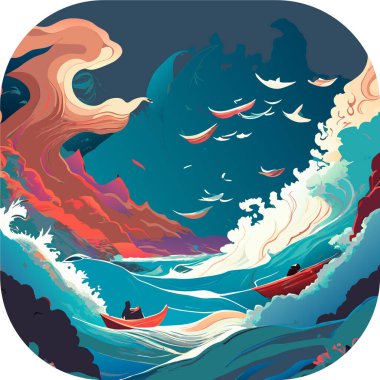 Gölgeleri kucaklamak: Kayıp Selflerimizi Geri Almak İçin Dönüşümlü Bir Gece Denizi Yolculuğu, Gölgeleri Yeniden Birleştirmek: Eski yelkenli gemi, gece fırtınalı bir denizin dalgalarına göğüs germek, simge, simge, poster, 