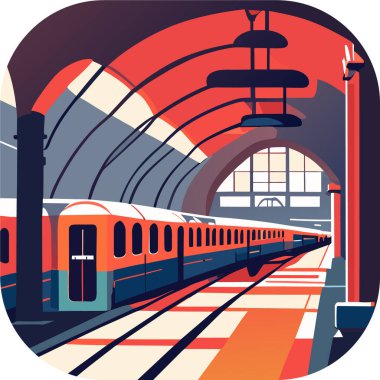 Tren istasyonu, Alessandro Gottardo, vektör sanatı, bir istasyon platformunda. Tren, tramvay, metro yolculuğu, poster, logo, logotype, Vector tren ikonu. 