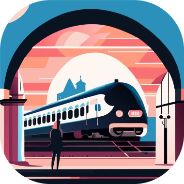 Tren istasyonu, Alessandro Gottardo, vektör sanatı, bir istasyon platformunda. Tren, tramvay, metro yolculuğu, poster, logo, logotype, Vector tren ikonu. 