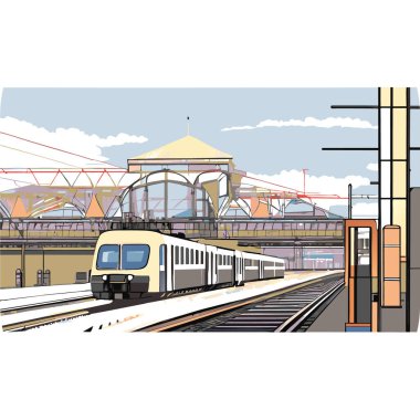 Tren istasyonu, Alessandro Gottardo, vektör sanatı, bir istasyon platformunda. Tren, tramvay, metro yolculuğu, poster, logo, logotype, Vector tren ikonu. 
