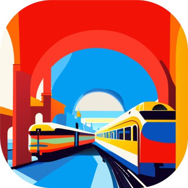Tren istasyonu, Alessandro Gottardo, vektör sanatı, bir istasyon platformunda. Tren, tramvay, metro yolculuğu, poster, logo, logotype, Vector tren ikonu. 