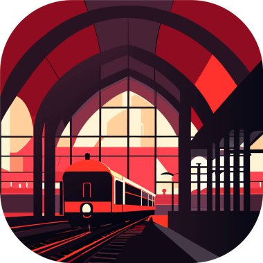 Tren istasyonu, Alessandro Gottardo, vektör sanatı, bir istasyon platformunda. Tren, tramvay, metro yolculuğu, poster, logo, logotype, Vector tren ikonu. 