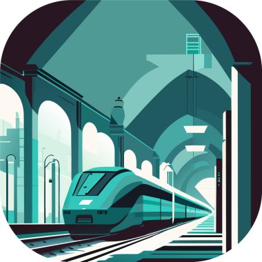 Tren istasyonu, Alessandro Gottardo, vektör sanatı, bir istasyon platformunda. Tren, tramvay, metro yolculuğu, poster, logo, logotype, Vector tren ikonu. 