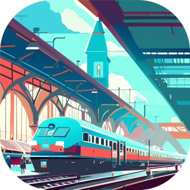 Tren istasyonu, Alessandro Gottardo, vektör sanatı, bir istasyon platformunda. Tren, tramvay, metro yolculuğu, poster, logo, logotype, Vector tren ikonu. 