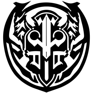 Savaş Çekici, Vektör, Beyaz Arkaplan, Kılıçlı ve kasklı Savaşçı Kafası. Vektör illüstrasyonu, şövalye miğferi bir kalkan şeklinde.