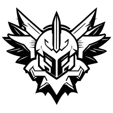 Savaş Çekici, Vektör, Beyaz Arkaplan, Kılıçlı ve kasklı Savaşçı Kafası. Vektör illüstrasyonu, şövalye miğferi bir kalkan şeklinde.