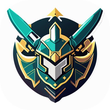 Savaş Çekici, Vektör, Beyaz Arkaplan, Kılıçlı ve kasklı Savaşçı Kafası. Vektör illüstrasyonu, şövalye miğferi bir kalkan şeklinde.