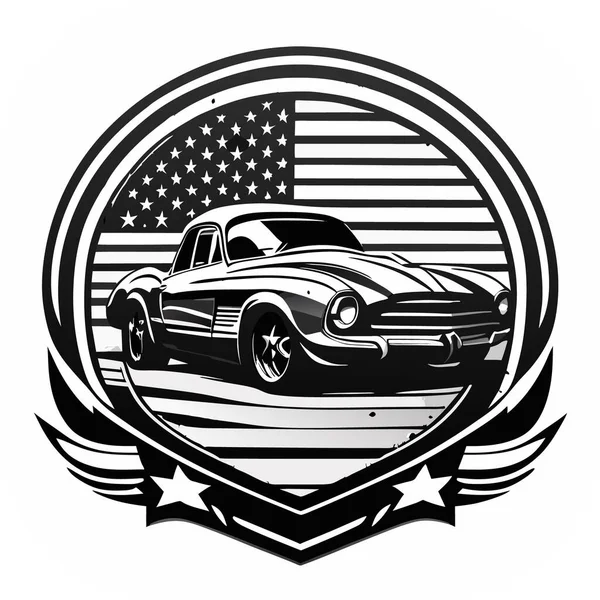 Vintage Retro Angustiado Design Crachá Bandeira Americana Com Contorno Carro — Vetor de Stock