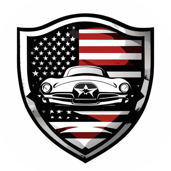 stock vector vintage retro distressed American flag badge design featuring a vintage car contour, t-shirt print with retro car. Vintage poster, the American flag. Side view. Flat vector.