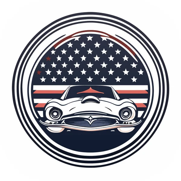 Vintage Retro Angustiado Diseño Insignia Bandera Americana Con Contorno Coche — Vector de stock