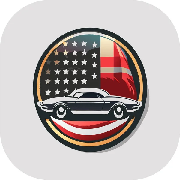 stock vector vintage retro distressed American flag badge design featuring a vintage car contour, t-shirt print with retro car. Vintage poster, the American flag. Side view. Flat vector.