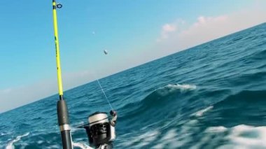 Açık denizde hareket için hazırlanmış bir oltayı gösteren çekici bir video, derin deniz balıkçılığının özünü yakalıyor. Okyanus keşfi, açık hava eğlencesi ve balık avlama maceralarının heyecanı ile ilgili konular için mükemmel..
