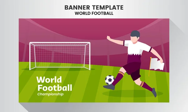 Spelare Fotboll Skytte Banner Temat Fotbolls — Stock vektor