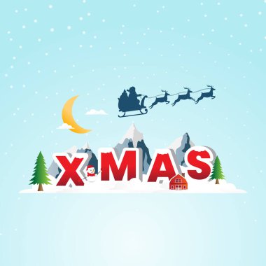 Noel kış manzarası, köy evi, kardan adam ve Xmas ağacı. Noel şenliği poster tasarımı