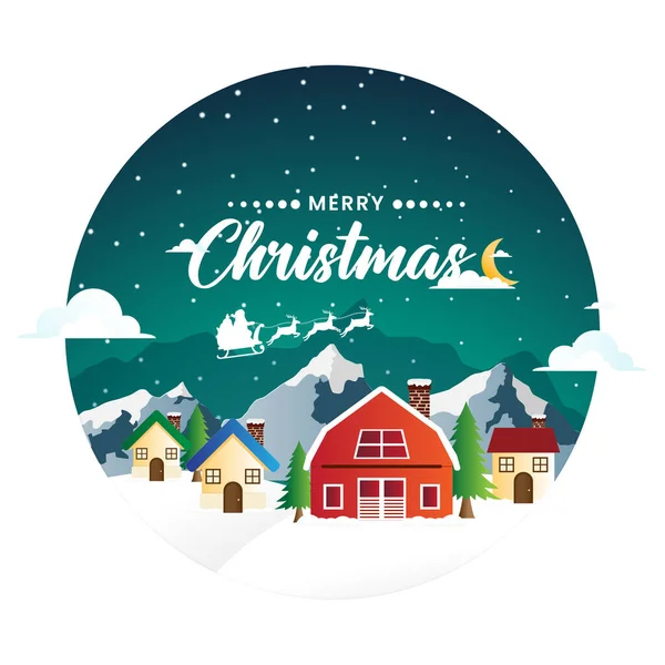 Weihnachtswinterlandschaft Mit Dorfhaus Weihnachtsmann Und Weihnachtsbaum Weihnachtliches Plakatdesign — Stockvektor